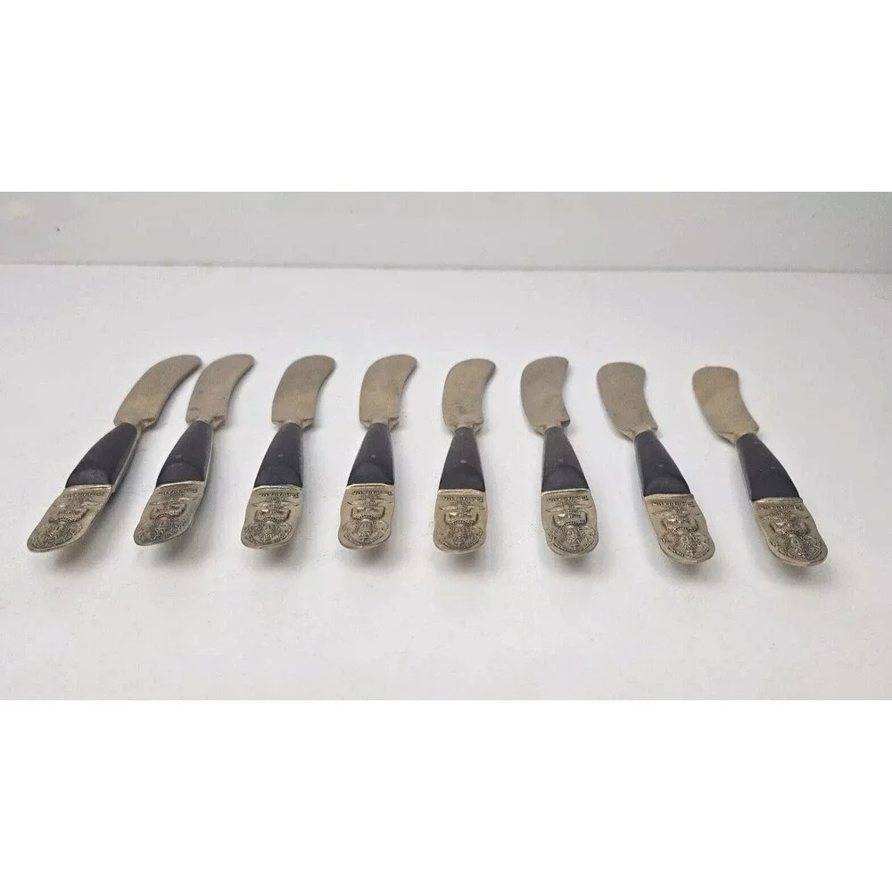 Vintage 8 Cheese Spreader Knives Buddha Bronze Brass Rosewood Siam Thailand 6” - Picture 8 of 13